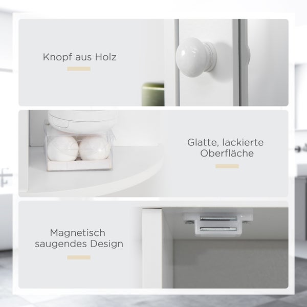 Vlastnosti koupelnové skříňky s dřevěným knoflíkem, hladkým lakovaným povrchem a magnetickým zavíráním dveří.