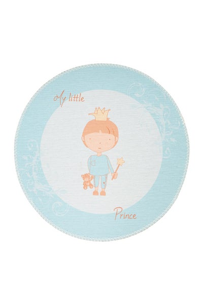 Kulatý dětský koberec s ilustrací malého prince s korunkou, medvídkem a kouzelnou hůlkou, s nápisem My little Prince.
