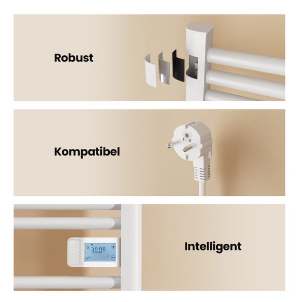 Detailní pohledy na elektrický radiátor, které zdůrazňují jeho robustnost, kompatibilitu a inteligenci.