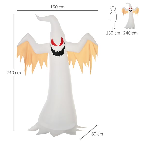 Obrázek 240 centimetrů vysokého nafukovacího halloweenského ducha s červenýma očima a černými ústy.