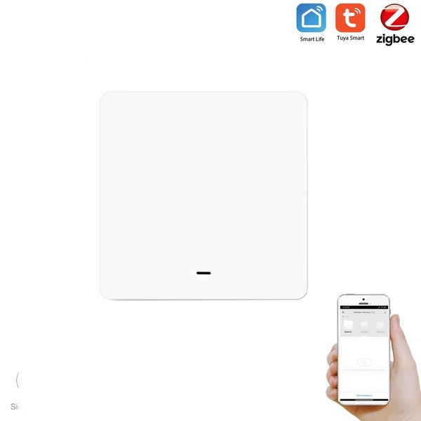 Čtvercový bezdrátový inteligentní vypínač s technologií Zigbee, kompatibilní s aplikacemi Smart Life a Tuya Smart.