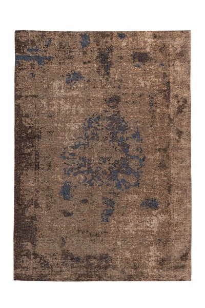 Obdélníkový koberec ve vintage designu s abstraktním vzorem v hnědé a modré barvě.