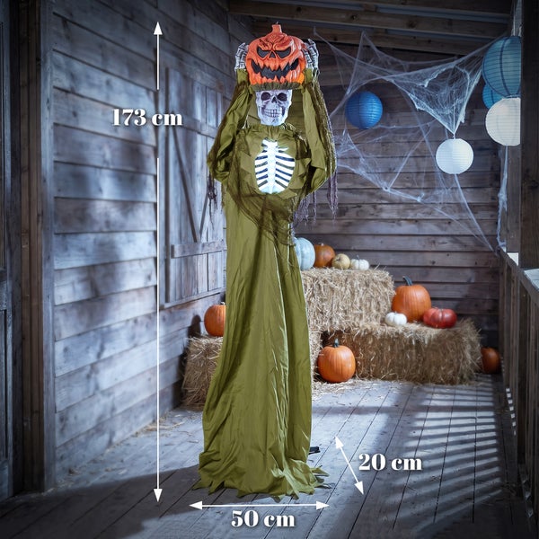 Animovaná halloweenská kostlivec s dýňovou hlavou a LED osvětlením, výška 173 centimetrů, pro vnitřní i kryté venkovní prostory.