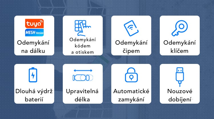 Přehled funkcí produktu pro chytrý dveřní zámek s dálkovým ovládáním, kódem, otiskem prstu, čipem, klíčem, baterií, nastavením a USB