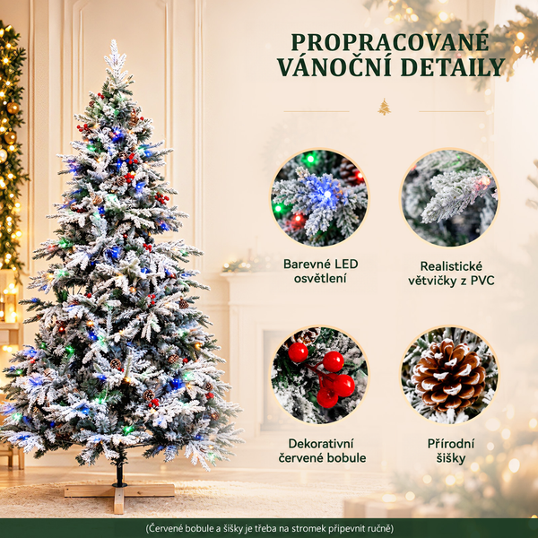 Umělý vánoční stromeček se sněhem, barevným LED osvětlením, větvičkami z PVC, červenými bobulemi a šiškami v obývacím pokoji.