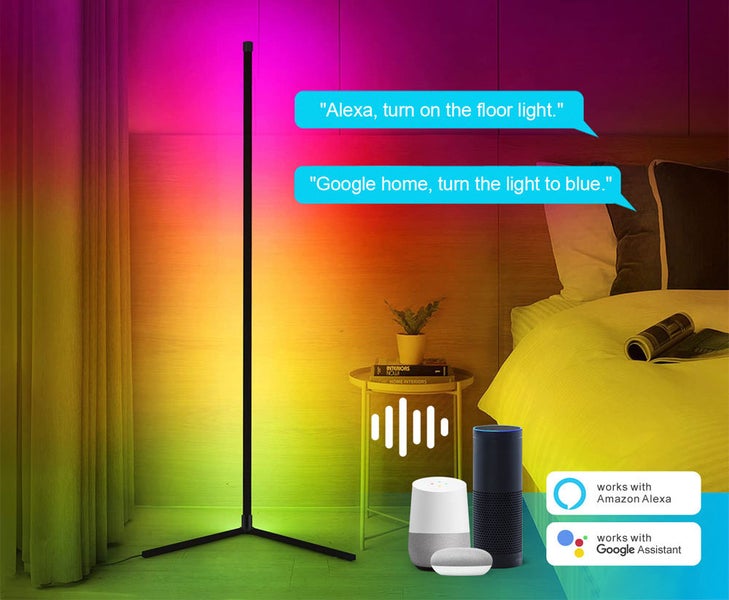 Moderní chytrá LED stojací lampa s hlasovým ovládáním pro ložnici, kompatibilní s Amazon Alexa a Google Assistant.