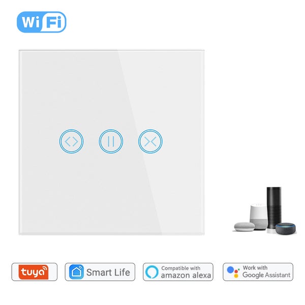 Wi-Fi dotykový spínač pro rolety se skleněným povrchem kompatibilní s Amazon Alexa a Google Assistant a aplikacemi Tuya a Smart Life.