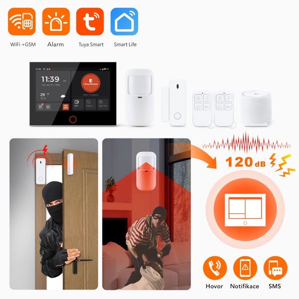 Sada zabezpečovacího alarmu WiFi a GSM kompatibilní s aplikacemi Tuya Smart a Smart Life, obsahuje senzory, dálkové ovladače a sirénu 120 decibelů