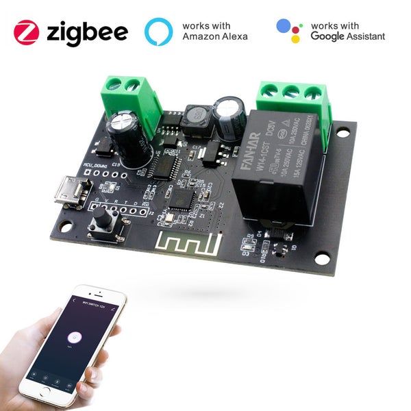 Reléový modul Zigbee pro chytrou domácnost, kompatibilní s Amazon Alexa a Google Assistant, včetně funkce ovládání chytrým telefonem.