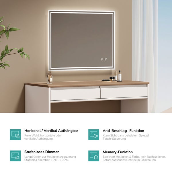 LED koupelnové zrcadlo, horizontální nebo vertikální montáž, s funkcí proti zamlžování, plynulým stmíváním a paměťovou funkcí.