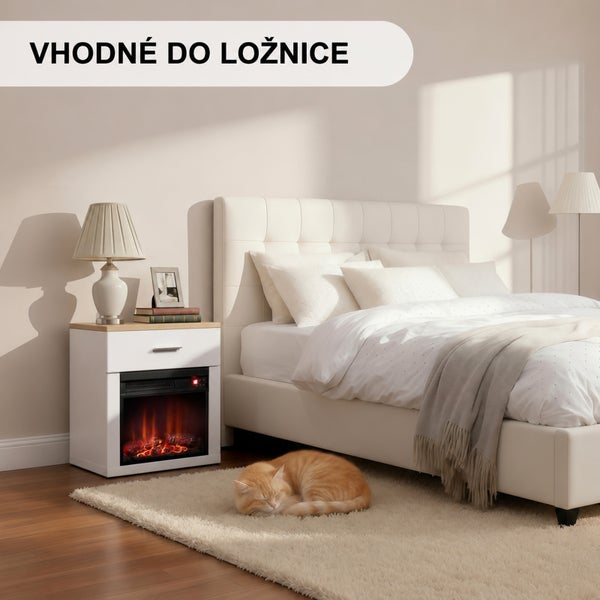 Noční stolek s integrovaným elektrickým krbem v moderní ložnici s manželskou postelí a spící kočkou na koberci.