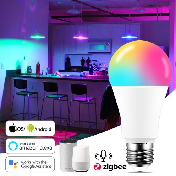 Chytrá LED žárovka s RGB změnou barev a standardem Zigbee, kompatibilní s hlasovými asistenty a ovládáním aplikací v moderní kuchyni.