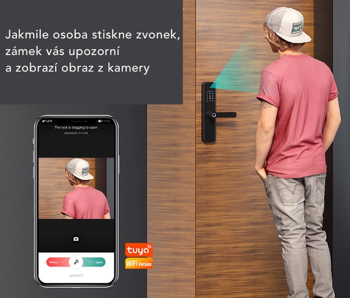Chytrá klika s integrovanou kamerou a zvonkem, ovládaná přes aplikaci v mobilním telefonu pro sledování návštěv v reálném čase.