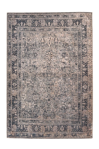 Obdélníkový koberec v modré a béžové barvě s orientálním vzorem ve vintage stylu, s ornamenty a okrajem.