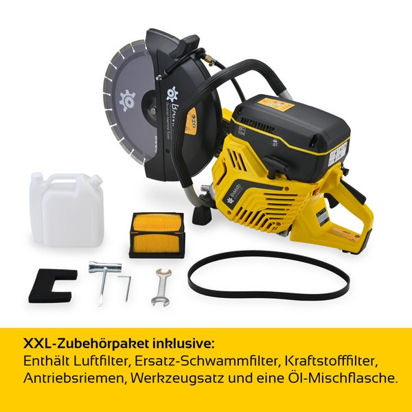 Rozbrušovačka Bamato BCC 350 s XXL balíčkem příslušenství včetně vzduchového filtru, pěnového filtru, palivového filtru, řemene a nářadí.