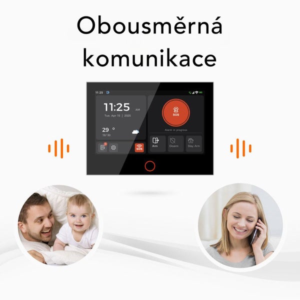 Chytrý zabezpečovací systém s dotykovou obrazovkou a funkcí obousměrné komunikace pro bezpečnost a přenos zvuku v reálném čase.