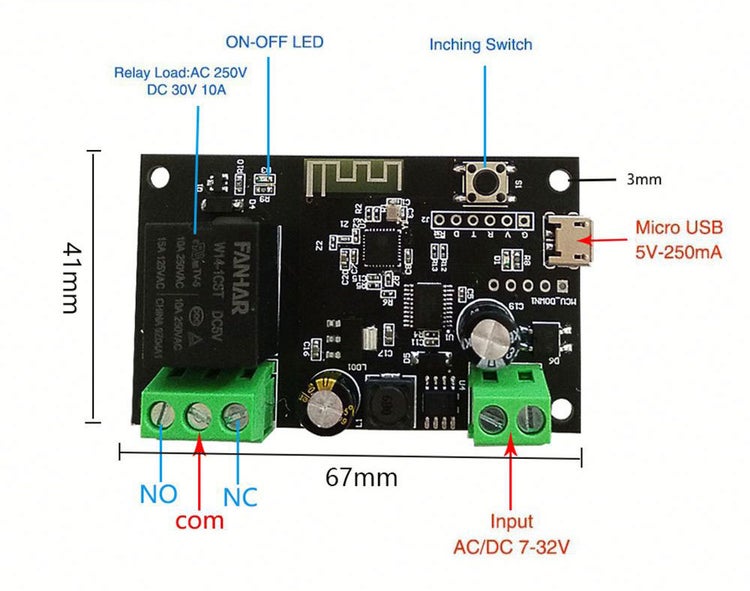 WiFi relé modul s tlačítkem, micro USB portem a šroubovými svorkami pro vstupní napětí 7 až 32 Voltů, rozměry 67 krát 41 milimetrů.