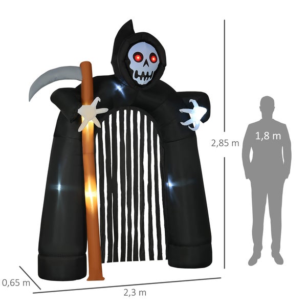 Nafukovací halloweenská brána se smrtkou, svítícíma očima a dekorací