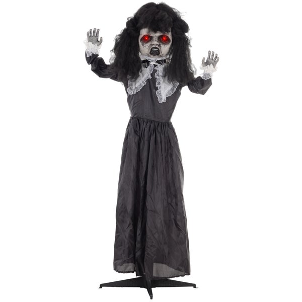 Animovaná hororová panenka se svítícíma očima jako halloweenská dekorace