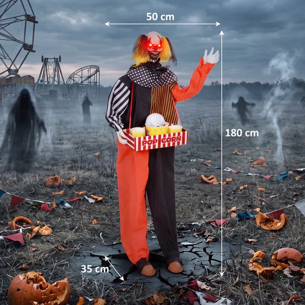 Animovaná halloweenská dekorace děsivý klaun s vozíkem na popcorn, 180 centimetrů vysoká, se svítícíma očima pro interier i exteriér.