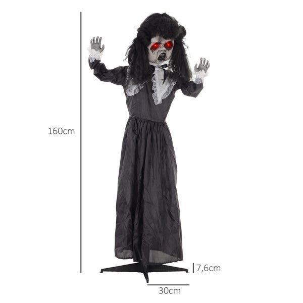 Halloweenská dekorace: Stojící postava ducha ženy s červenýma očima a černými šaty, vysoká přibližně 160 centimetrů.
