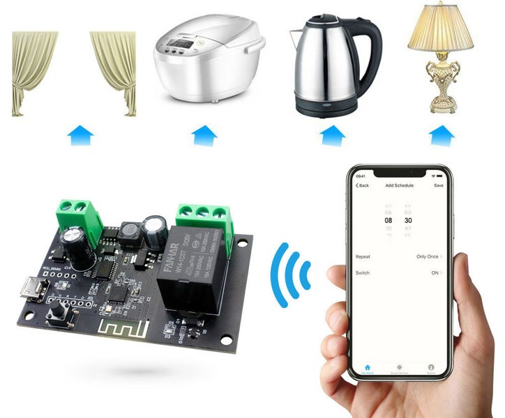 Wi-Fi chytry spinaci releovy modul pro ovladani elektrickych zarizeni pres aplikaci v telefonu pro chytrou domacnost.