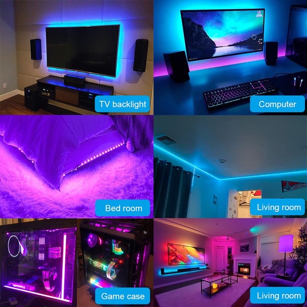 Různé příklady použití LED pásků v obytných prostorech jako ložnice, obývací pokoj a pro osvětlení televize nebo počítače.