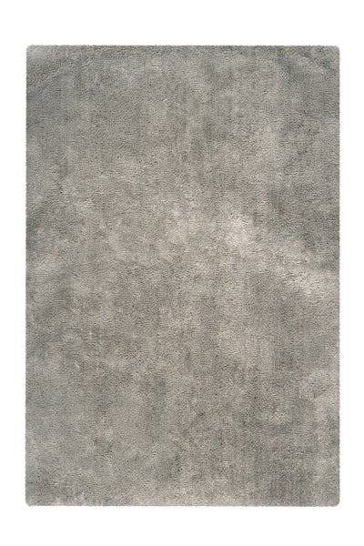 Koberec s vysokým vlasem, obdélníkový, šedý, měkká textura.
