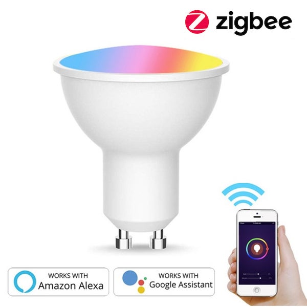 LED reflektorová žárovka Zigbee GU10 s ovládáním přes aplikaci, kompatibilní s Amazon Alexa a Google Assistant.