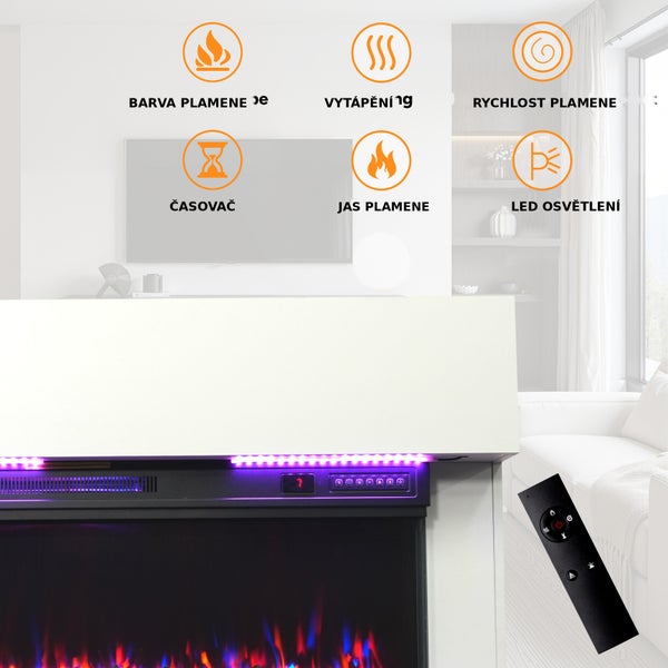 Elektrický krb s dálkovým ovládáním a přehledem funkcí pro barvu plamene, vytápění, rychlost plamene, časovač, jas a LED osvětlení.
