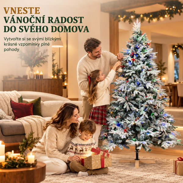 Rodina společně zdobí zasněžený vánoční stromek v útulném a svátečně vyzdobeném obývacím pokoji.