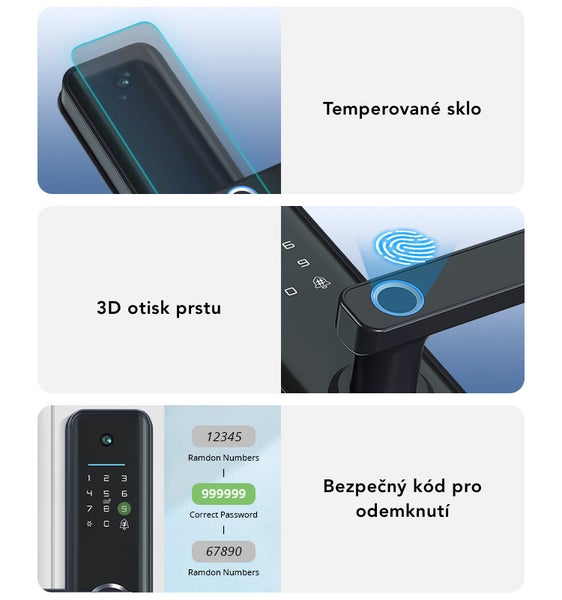 Detaily elektronického dveřního zámku s tvrzeným sklem, 3D čtečkou otisků prstů a funkcí zadávání bezpečnostního kódu pro odemknutí.