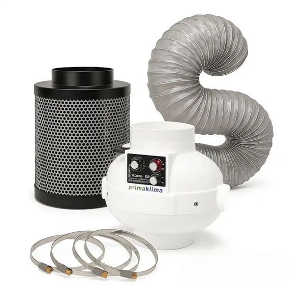 Sada aktivního uhlíkového filtru Prima Klima s potrubním ventilátorem hadicí a hadicovými sponami pro čištění vzduchu