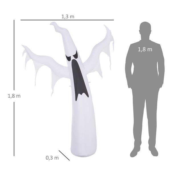 Nafukovací halloweenský duch o rozměrech 1,8 metru na výšku, 1,3 metru na šířku a 0,3 metru do hloubky jako srovnání velikostí