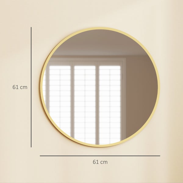 Kulaté nástěnné zrcadlo se zlatým rámem, průměr 61 centimetrů.