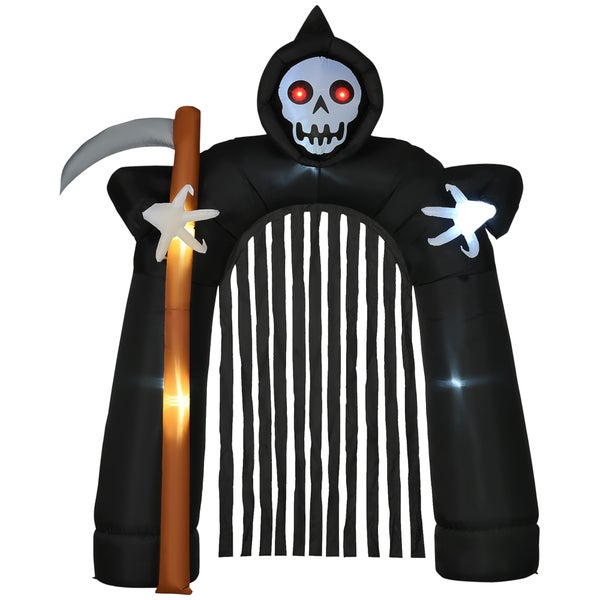 Nafukovací halloweenská brána s motivem Smrtky jako venkovní dekorace.