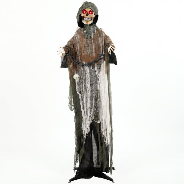 Halloweenská dekorativní figurka smrtka s LED svítícíma očima a řetězem jako stojící hororová dekorace do interiéru