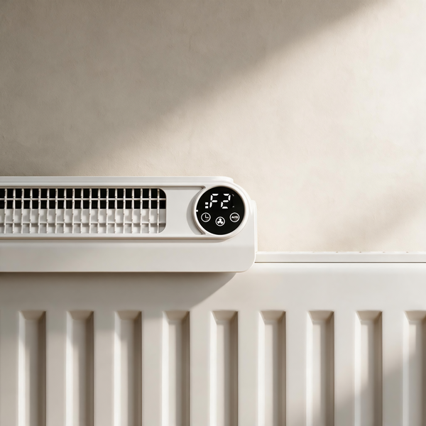 Radiátorový ventilátor s digitálním displejem namontovaný na klasickém žebrovém radiátoru.