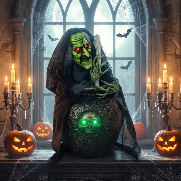 Halloweenská dekorace čarodějnice se svítícím kotlem a dýněmi před oknem