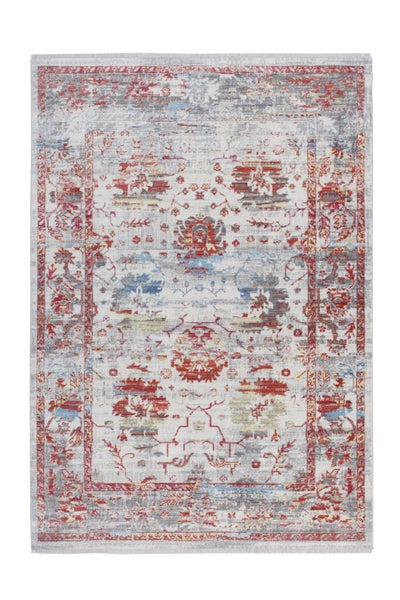 Obdélníkový koberec s orientálním vzorem, vintage styl s třásněmi.