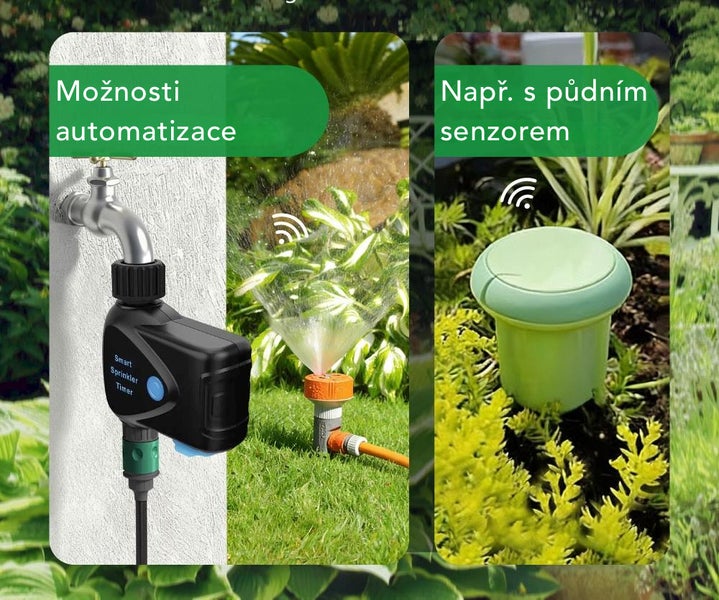 Chytrý zavlažovací počítač se senzorem půdní vlhkosti pro automatickou závlahu zahrady.