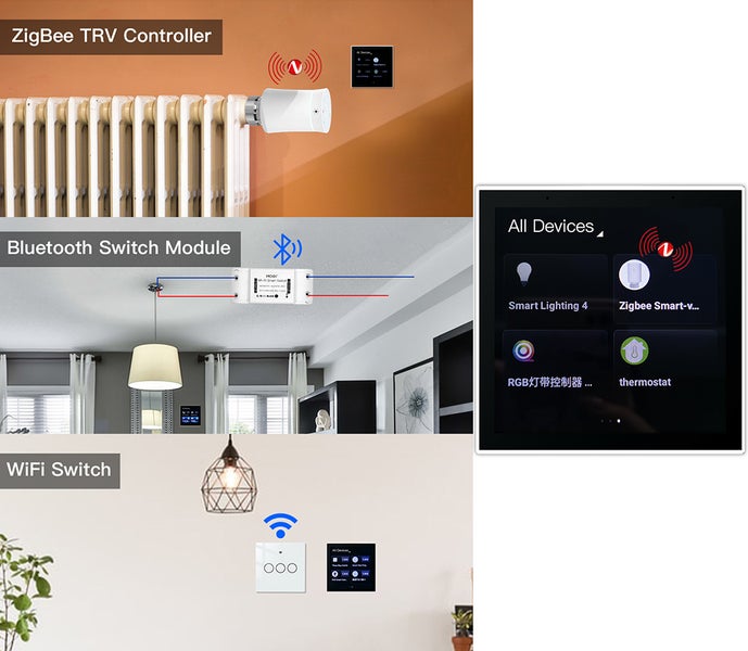 Systém pro chytrou domácnost s termostatickou hlavicí ZigBee, Bluetooth spínacím modulem a Wi-Fi vypínačem pro automatizaci domácnosti.