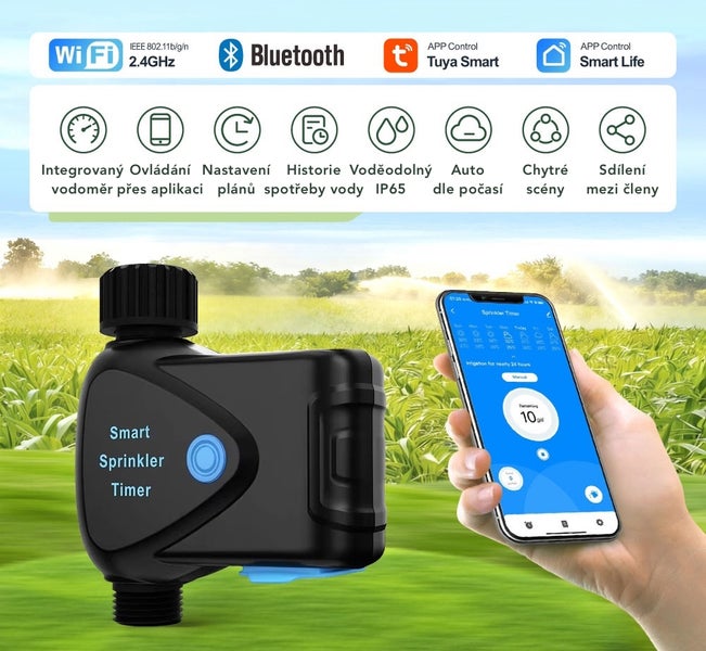 Chytrý zavlažovací počítač s Wi Fi a Bluetooth pro ovládání přes aplikaci včetně funkcí jako plán zavlažování a historie spotřeby vody.