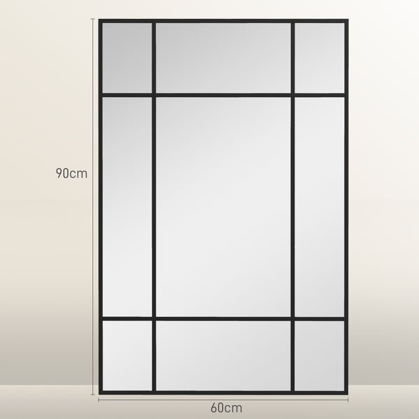 Obdélníkové zrcadlo v industriálním stylu s černým rámem a mřížkovým designem. Rozměry: výška 90 centimetrů a šířka 60 centimetrů.