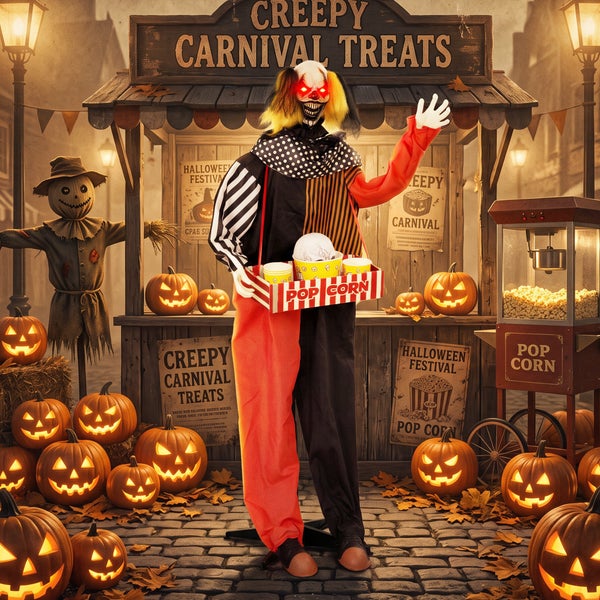 Animovaná dekorativní figurka hororového klauna před stánkem s občerstvením, osvětlenými dýněmi a strojem na popcorn pro halloweenskou dekoraci.
