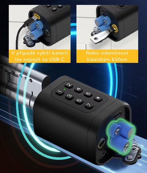 Elektronická dveřní vložka s klávesnicí pro zadání PIN kódu, USB C portem pro nouzové napájení a mechanickým odemknutím klíčem.