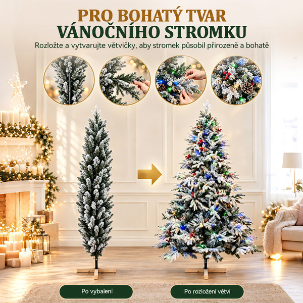 Návod na rozložení umělého vánočního stromku pro bohatý a přirozený vzhled s ukázkou před a po.