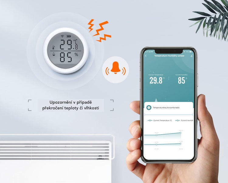 Chytrý snímač teploty a vlhkosti s připojením k aplikaci a funkcí alarmu při překročení limitů pro kontrolu klimatu v místnosti.