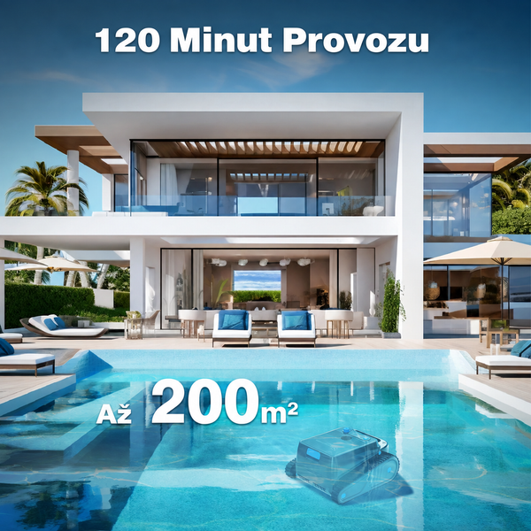 Bazénový vysavač čistí bazény do 200 metrů čtverečních s dobou provozu 120 minut u moderní vily s venkovním bazénem.