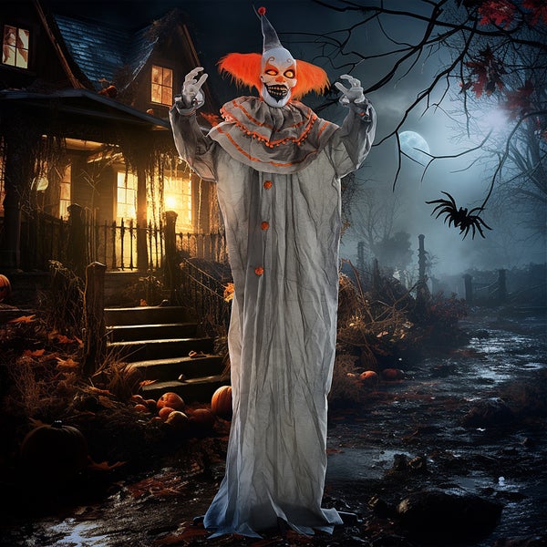 Halloweenská dekorace s děsivým klaunem před strašidelným domem v noci.